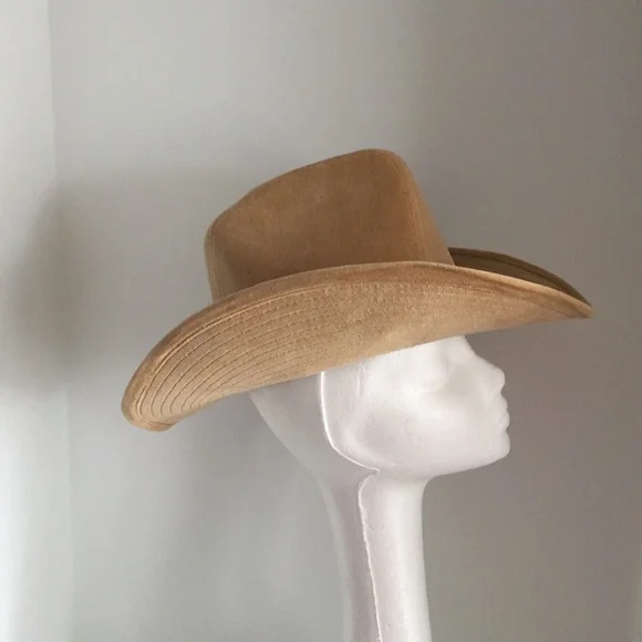 Vintage Womens Stetson Cowboy Western Hat Corduroy Cotton Feather Beige 6-3/4 - Picture 6 of 12